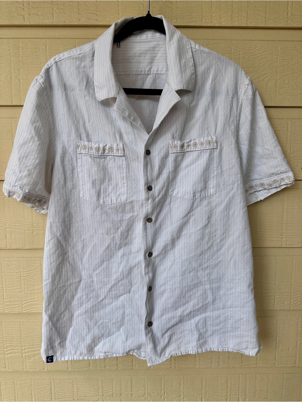 Criquet Men's Short Sleeve White with Tan Stripes Button-Up Shirt Linen & Cotton
